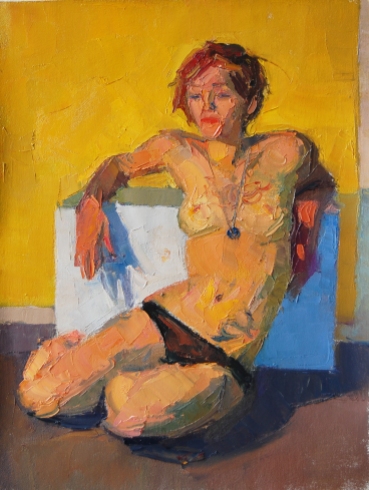 Oil Painting, Nude with Yellow Background, Yuehan He, Chinese Artist, Figure Painting
